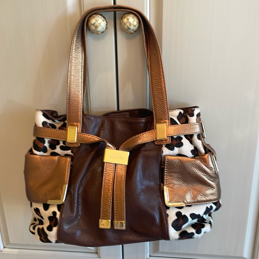 MICHAEL KORS leopard and brown and gold leather bag